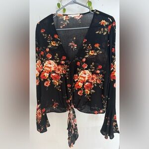 Elegant Floral Tie-Front Blouse in Black and Red